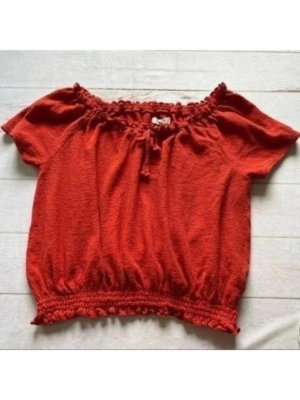Madewell Rouched Off Shoulder Short Sleeve Tie Front Blouse Rusty Red Me…